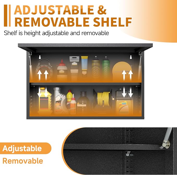 Metal Garage Wall Cabinet with Up-Flip Door, Black Float Tool Cabenit with Adjustable Shelf,Upper Storage Cabinets with Pegboard for Kitchen,Garage,Workshop,Warehouse (19.7" H,Black)