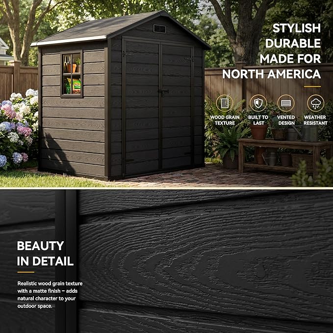 DWVO 6X5FT Resin Storage Shed with Reinforced Floor, Outdoor Storage Shed with Lockable Door, Window and Vents, Waterproof Plastic Tool Shed for Garden, Backyard, Patio, Lawn