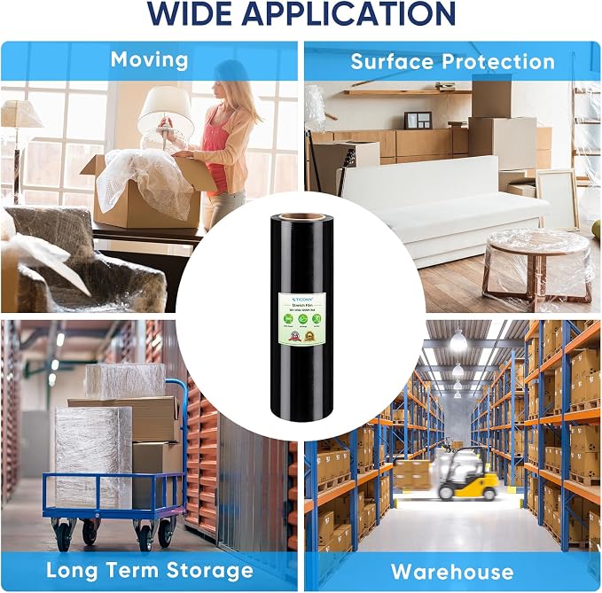 TICONN 1Pk Stretch Wrap Stretch Film Roll, 1000ft Industrial Strength 18 inch Wide Black Plastic Wrap for Pallet Wrapping Shipping Moving (No Handle)