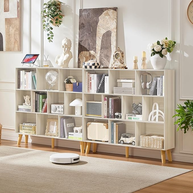 LEYAOYAO 10 Cube Bookshelf,Mid-Century Modern Bookcase with Legs,Light Grey | 3 Tier Book Shelf,Rustic Wood Bookshelves Freestanding Large Storage Organizer, Open Shelves for Bedroom, Living Room, Office