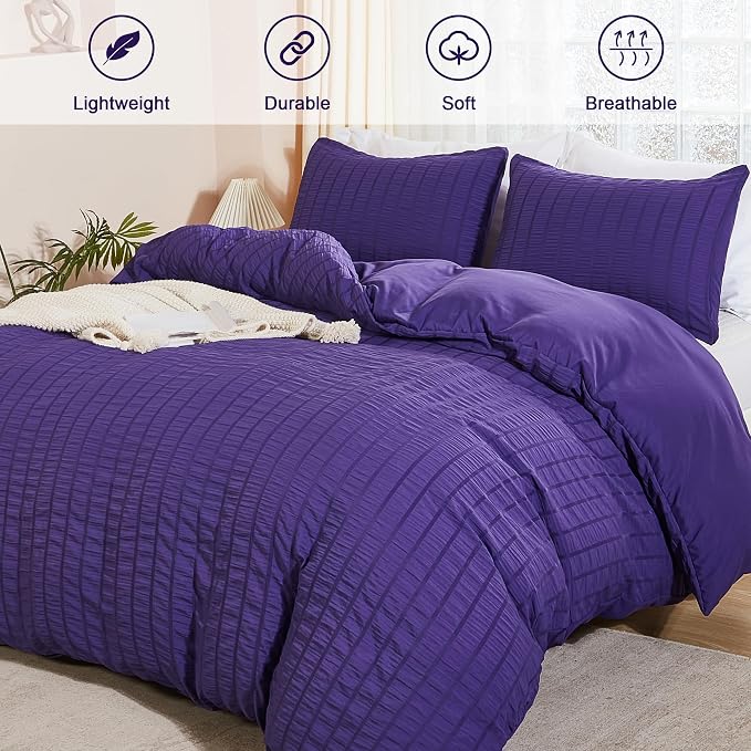 AveLom Dark Purple Duvet Cover Cal King(104 x 98 inches), 3 Pieces (1 Duvet Cover, 2 Pillowcases), Seersucker Striped Soft Washed Microfiber, Textured Duvet Cover Set with Zipper Closure, Corner Ties