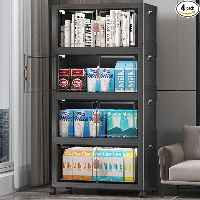 Stackable Storage Bins, 220QT Collapsible Drawers with 1 Lid | Large Capacity, Magnetic Door, Stack Lock, Rolling Wheels, Foldable Design, Organizers and Storage for Bedroom Dorm Garage