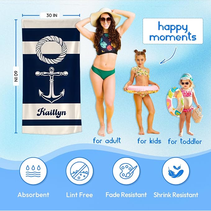 JML Personalized Beach Towel with Name, Custom Anchor Beach Towel, Customized Microfiber Pool Towel, Quick Dry & Absorbent Swim Towel for Adult,Mother's Day, Birthday, Summer Holiday,Vacation