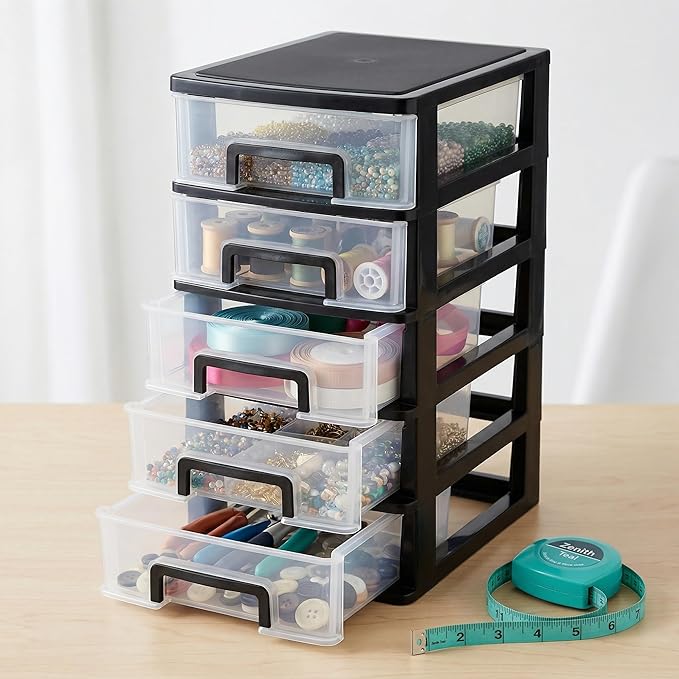 Cabilock 5 Drawer Plastic Storage Organizer Clear Desktop Drawer Storage Cabinet for Office Study Bathroom Craft Supplies