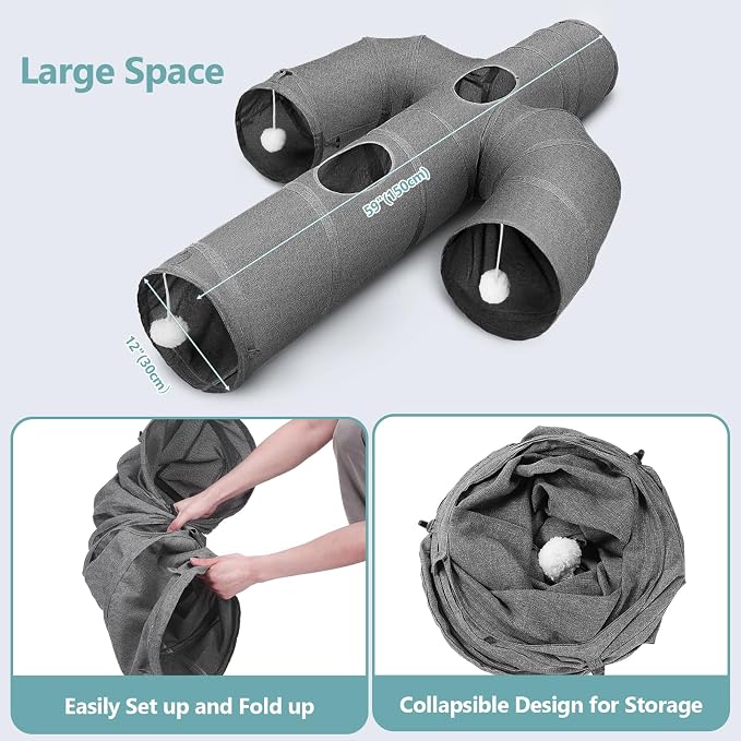 Ownpets Cat Tunnel Large 12 inch Diameter Sturdy Oxford Fabric Cat Tunnel Toy, Cactus Shape Collapsible Cat Tunnels for Indoor Cats,Interactive Peek Hole Pet Tunnel Tube with Cat Wand Toy