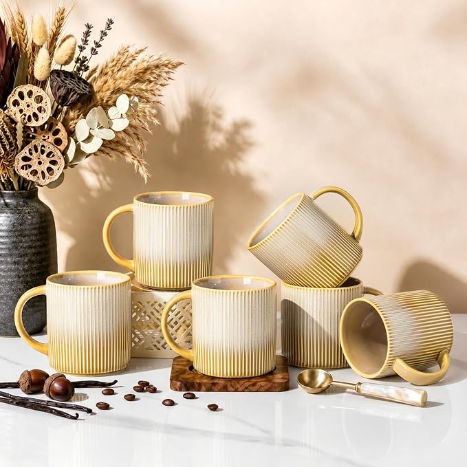 theterra Ceramic Coffee Mugs Set of 6, 14.2oz Handmade Coffee Cups with Handle for Latte, Tea, Milk, Beer, Hot Cocoa, Autumn Haze