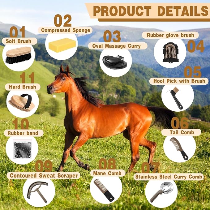 Abbylike 12 Piece Horse Grooming Kit with Organizer Tote Bag Brush Sets for Derby Day Show Horses Professional Tools for Care & Massage