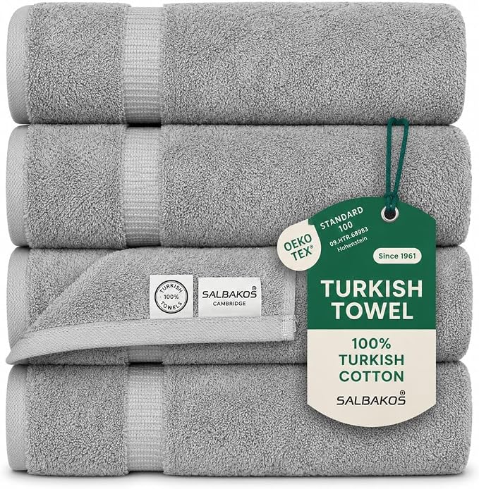 SALBAKOS 4-Piece 100% Turkish Cotton Bath Towels, 27x54 inch, Silver | Standard Size, 630 Gsm Thick Super Soft Highly Absorbent Quick-Dry Bathroom Towel, Premium Hotel & Spa Quality Made in Turkey