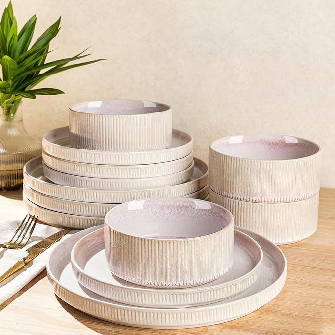 TheTerra Ceramic Dinnerware Sets for 4, 12 Pieces Porcelain Lightweight Plates and Bowls Sets, Scratch Resistant Dish Set, Oven & Microwave & Dishwasher Safe, Primrose Pink