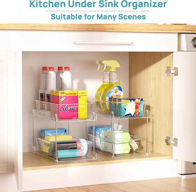 Vtopmart 4 Pack Bathroom Under Sink Organizers Organizer, 2 Tier Clear Pull-Out Organization (S-Standard)