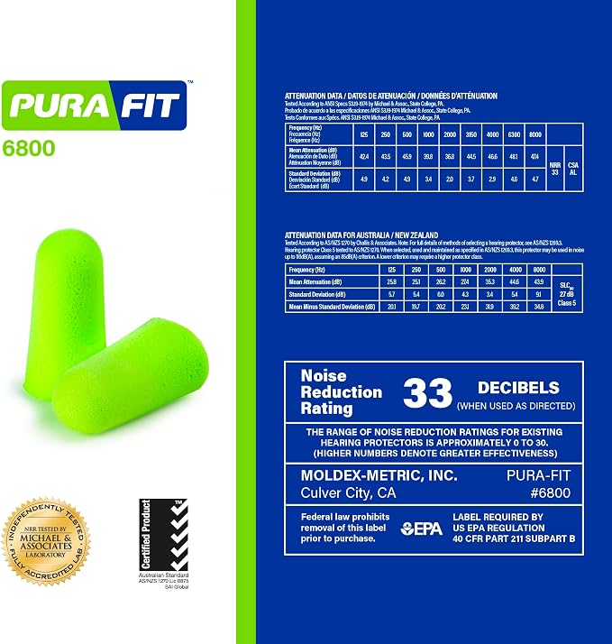 Moldex Pura-Fit Foam Earplugs – Soft, Comfortable, Uncorded, Disposable Ear Plugs, NRR 33dB Noise Reduction for Hearing Protection, Bright Green, Made in USA, 200 Pairs, 6800