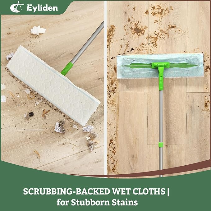 Eyliden Large Sweeper Mop, 16.5" Wide - Lock Tight Design No Lost Pads - 34 Disposable Dry & Wet Cloths, 58" Adjustable Handle, Dust Mops for Pet Hair, Hardwood Floors, Universal Refills