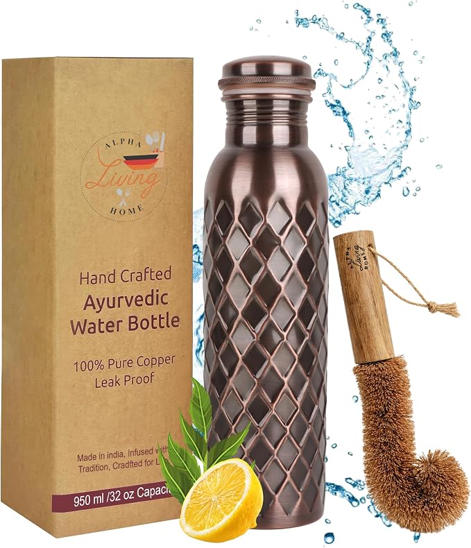 Copper Water Bottle 32 Oz Extra Large, Real Pure Copper Bottle for Drinking Water, Antique Diamond Ayurvedic Drinking Bottle, Leak Proof Cap, Cleaning Brush, Daily Hydration for Home Travel