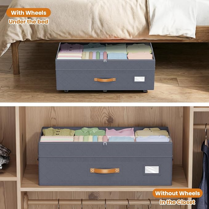 80L 2 Pack Adjustable Under Bed Storage Containers with Wheels | Rolling shoe storage organizer with clear lids and label for dorm home clothes, blankets, toys, easy to install, grey