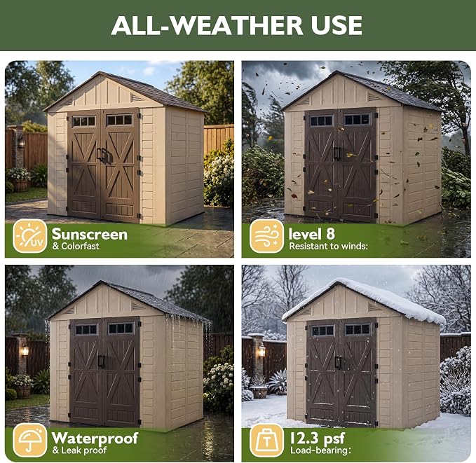 Aoxun 8x6 Ft Outdoor Storage Shed with Lighe & Floor, Large Resin Outdoor Shed with Lockable Door & Windows, Garden HDPE Sheds for Lawn Tools, Pool Supplies & Bikes