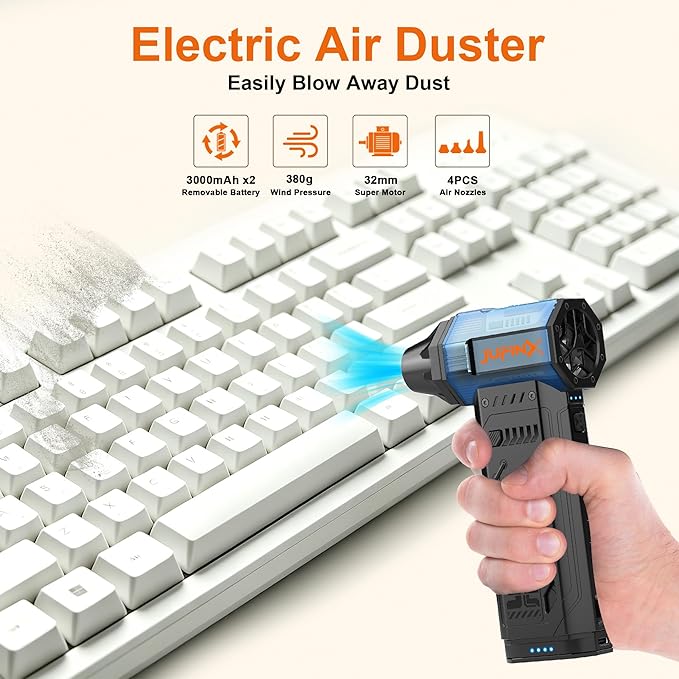 Air Duster - 250,000RPM Compressed Air Duster, Replaceable Batteries 2pcs,Long Life-mini Blower, 3-Gear Adjustable- Electeic Air Duster for Keyboard,PCs,Leaves,Car Cleaning (2*Batteries)