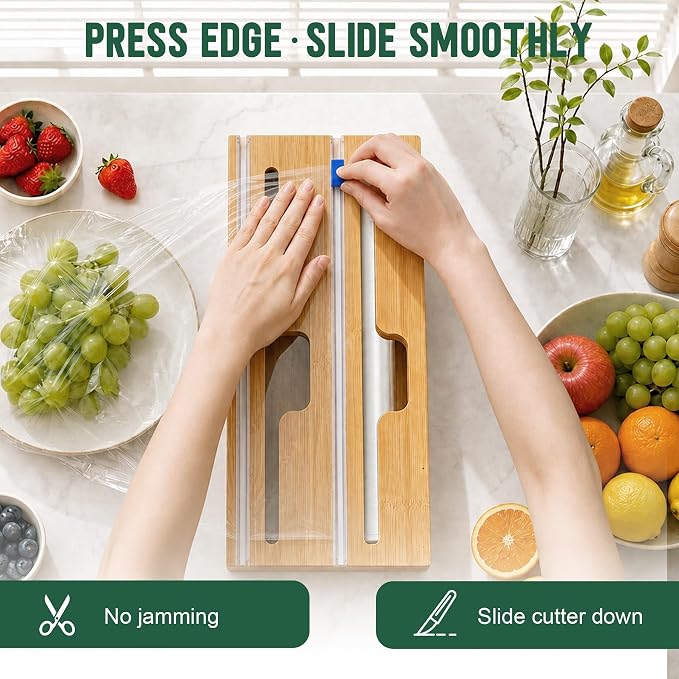 Reclosable Poly Bag Organizer for Kitchen Drawer, 5-Slot | Bamboo, 5 Independent Boxes, Slide Cutter, Magnetic Lid, Space-Saving Drawer Organizer