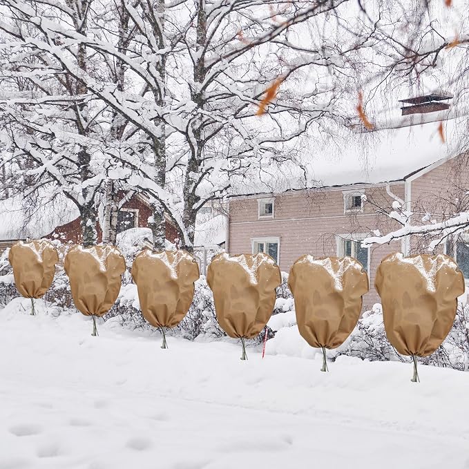 12 Pcs Winter Plant Covers Freeze Protection Reusable Plant Protector Bag with Drawstring Warm Shrubs Cover Frost Protection Planting Jacket Bags for Outdoor Garden, Brown (31.5 x 47.2 Inch)