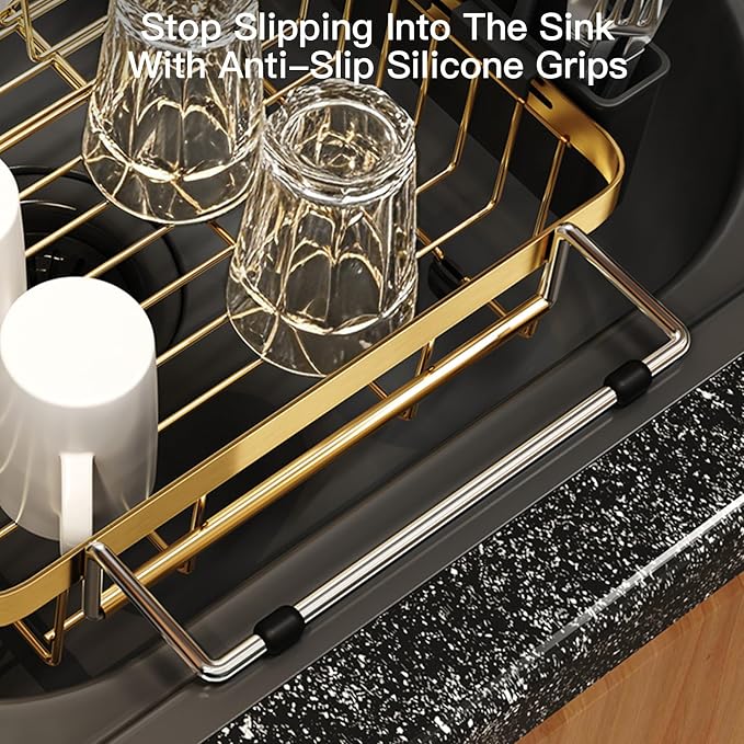 Gold Dish Drying Rack Over The Sink with Utensil Holder, Mat | Expandable Stainless Steel Dish Drainer for Small Kitchen, Apartment, RV, Counter Space Saving, Perfect Fit, Rustproof