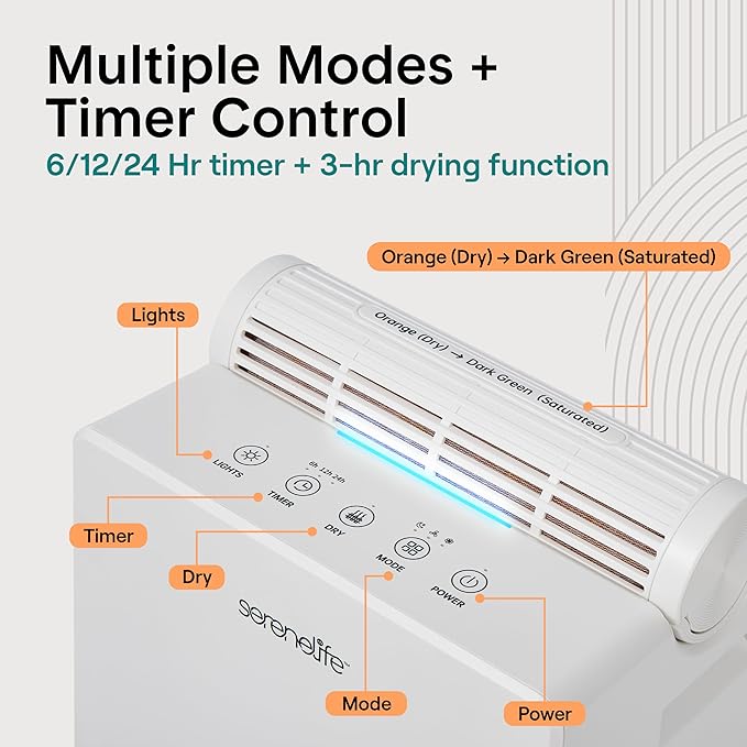 SereneLife 91 OZ Dehumidifier For Home | Covers 1200 SQ FT For Basements, Bedrooms, Bathrooms & Offices | Includes Removable Natural Dehumidifier For Closet | Set Timer, Sleep Mode & Humidity | White
