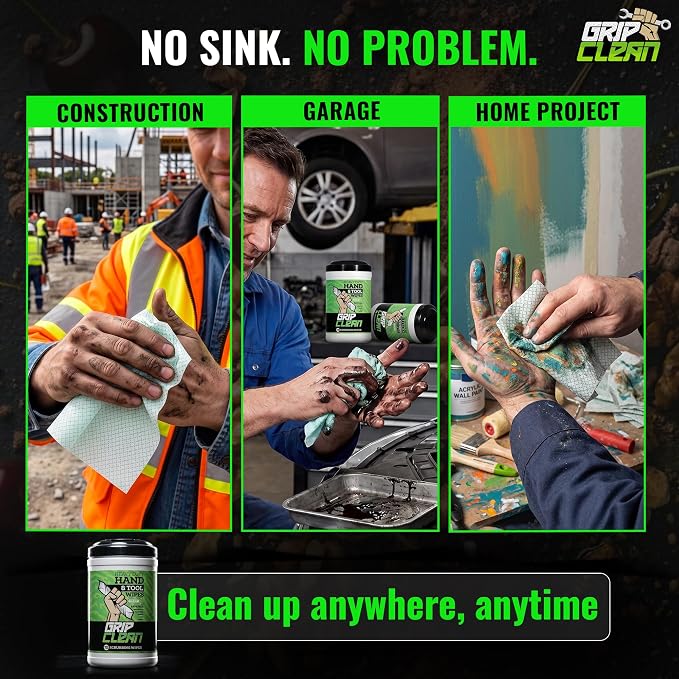 Grip Clean Heavy Duty Hand & Tool Cleaning Wipes – Waterless Hand Cleaner for Mechanics, Garage & Shop Use – Dual-Sided Grease, Oil & Paint Remover Wipes with Citrus Scent - 72ct (6 Pack)