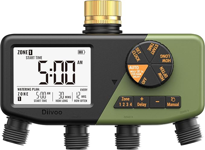 Diivoo 4 Zone Sprinkler Timer with Brass Inlet, IP68 Waterproof 4 Zone Water Timer with Large Display, Digital Control & Rain Delay & Manual Watering for Garden Hose, Lawn, Yard