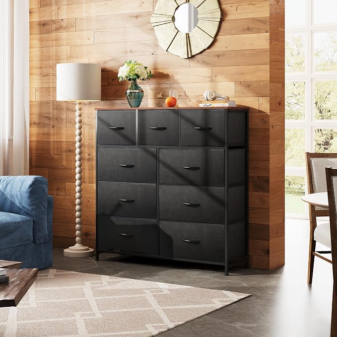 WLIVE 9 Drawer Dresser, Fabric Storage Tower for Bedroom, Hallway, Closet, Tall Chest Organizer Unit for Bedroom with Fabric Bins, Steel Frame, Wood Top, Easy Pull Handle, Black and Rustic Brown