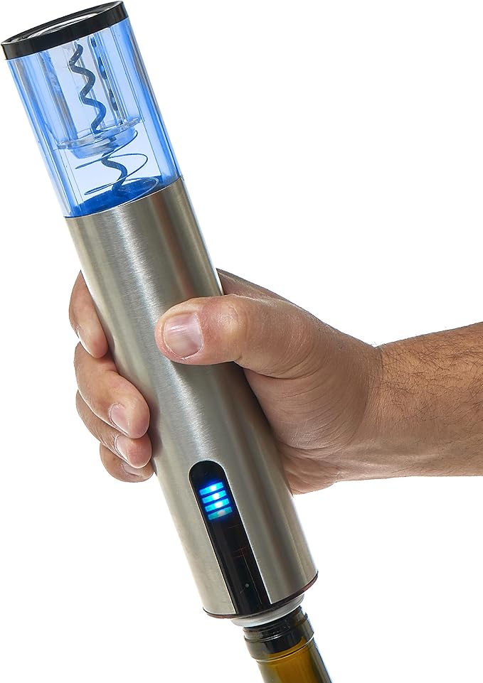 Wine Enthusiast 2-in-1 Electric Blue Automatic Wine Bottle Opener and Preserver Set – Fully Electric Corkscrew with Charging Station – Seal Bottle with Vacuum Stopper (7 Piece Set)