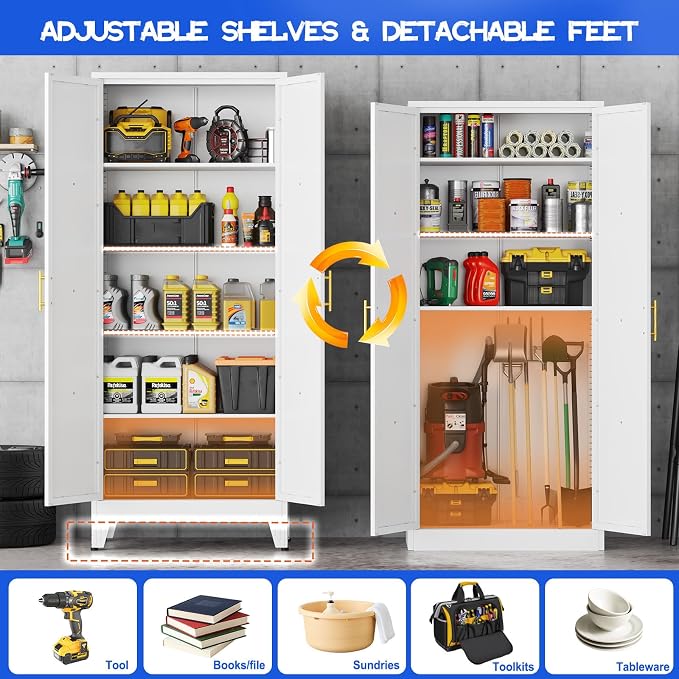 GAIOUS 71" Tall Kitchen Pantry Cabinet,Metal Storage Cabinet White Cupboard | Steel Office Cabinet, Freestanding Bookcase with 2 Doors and 4 Adjustable Shelves, Bathroom Kitchen Home Garage Tool Cabinet