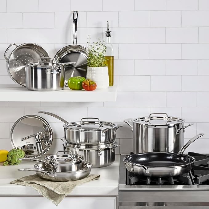 Cuisinart 15-Piece Cookware Set, MultiClad Pro Triple-Ply Stainless Steel Cookware Set, Heat Surround Technology, Cool Grip Stick Handles, Oven Safe up to 500F, MCPS-15N, Silver
