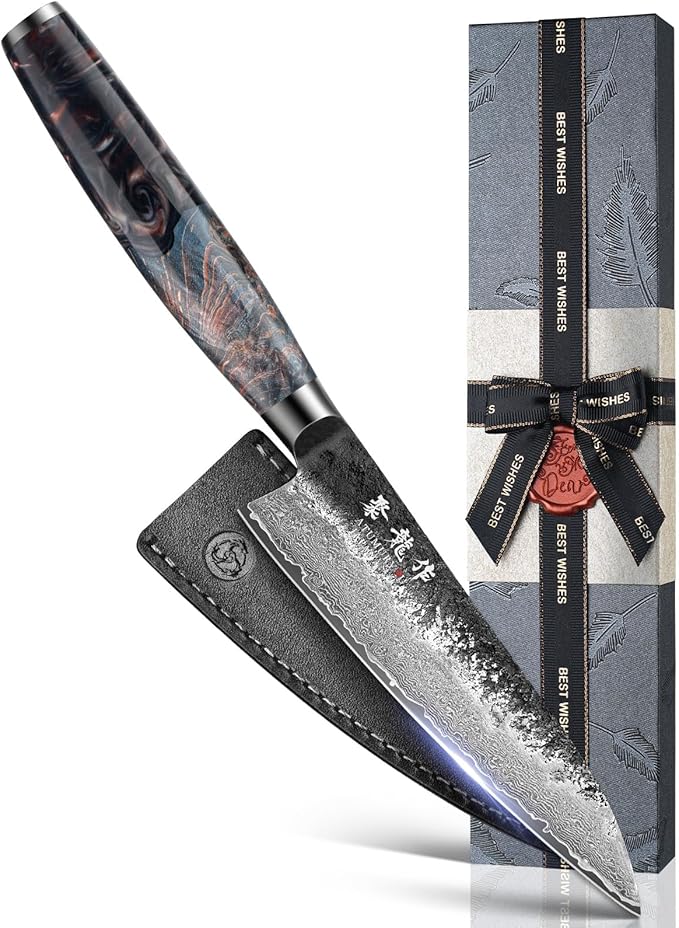 5.5'' Japanese Utility Knife, 67-Layer Damascus VG10 Steel | Kurouchi Forged Finish, Fruit, Vegetable & Herb Prep, Compact Blade Control, Leather Sheath Included, Premium Gift Box