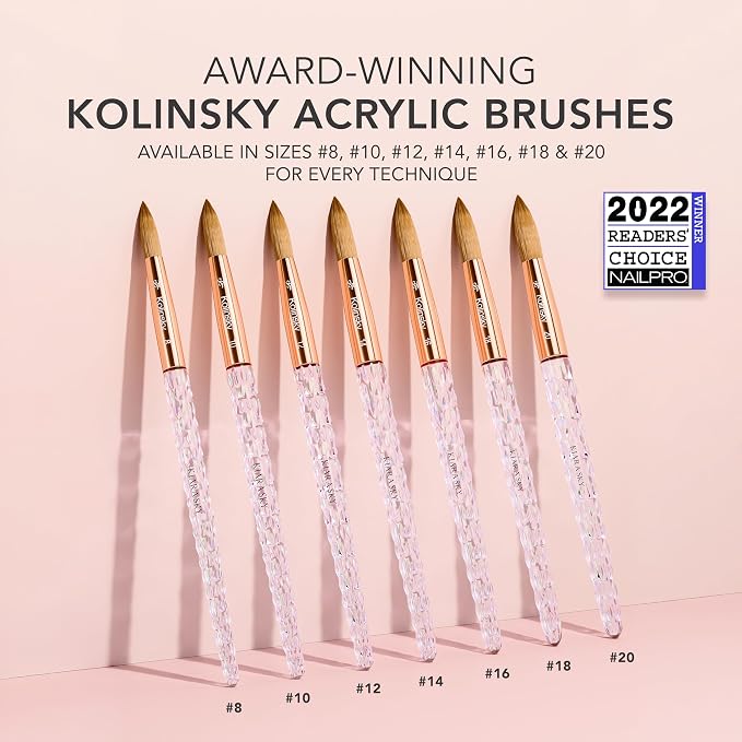 Kiara Sky Kolinsky Acrylic Nail Brush #12 – Pure Kolinsky Sable Hair, Iridescent Crystal Handle, Acetone Resistant, for Acrylic Application, Extensions & 3D Nail Art