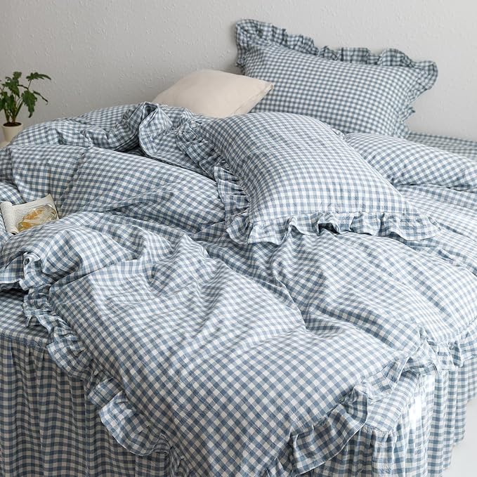 mixinni Blue White Gingham Ruffle Duvet Cover Twin Size 3 Pieces – 100% Washed Cotton, Vintage Plaid Ruffled Bedding Set with Zipper Ties, Soft Checkered Grid Farmhouse Chic Comforter Cover Set