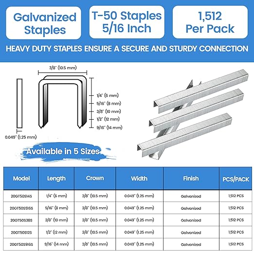 meite T50 Staple Gun Staples, 5/16 Inch Heavy Duty Staples, Galvanized 20 Gauge 3/8 Inch Crown Staple for Upholstery, Construction, Furniture (10 Packs)