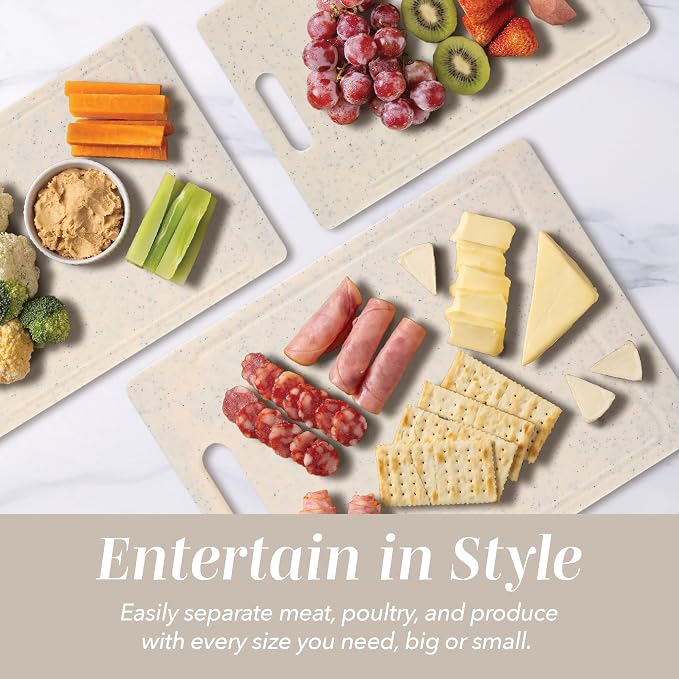 COOK WITH COLOR Non-Slip Cutting Board Set – Kitchen Essentials with Easy Grip Handle for Meat, Veggies, and Fruits, 3 Cutting Boards, Speckled White