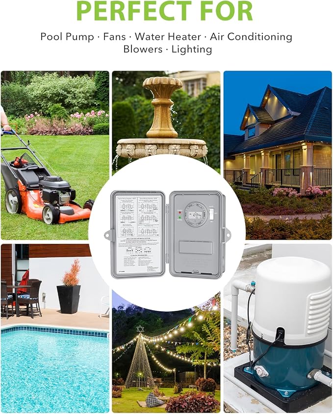 BN-LINK Pool Pump Timer, Outdoor Timer Box, Heavy Duty, 2HP 40A Max, 120, 240, 277 VAC, for Pool Pump, Water Heater, Fans, SPA, ETL Listed (Digital)