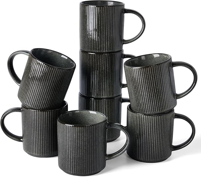 famiware Coffee Mug Set for 8, Star 16 oz Catering Mugs Cup Set with Handle for Coffee, Tea, Cocoa, Milk - Ceramic Stoneware Drinkware Set, Deep Forest
