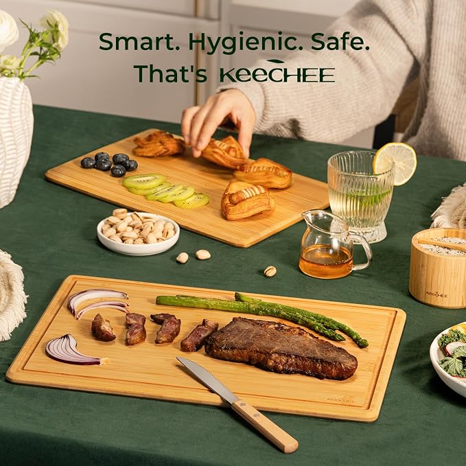 Keechee 2Pcs Cutting Board with Non-slip Mat, Bamboo Cutting Boards for Kitchen Meal Prep & Serving - Wood Serving Board Sets with Deep Juice Groove Ideal Kitchen Gifts