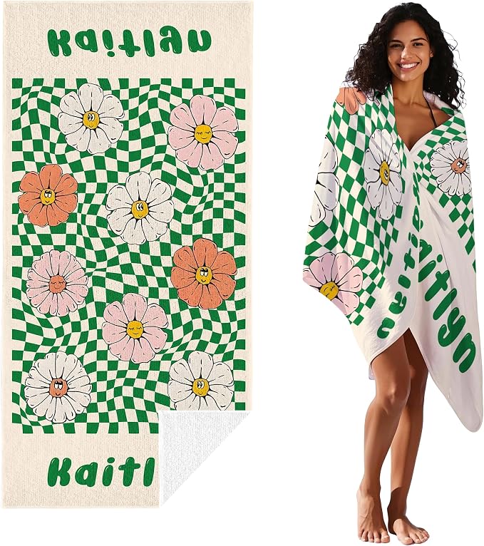 JML Personalized Beach Towel with Name, Custom Flower Beach Towel, Customized Microfiber Pool Towel, Quick Dry & Absorbent Swim Towel for Adult,Mother's Day, Birthday, Summer Holiday,Vacation