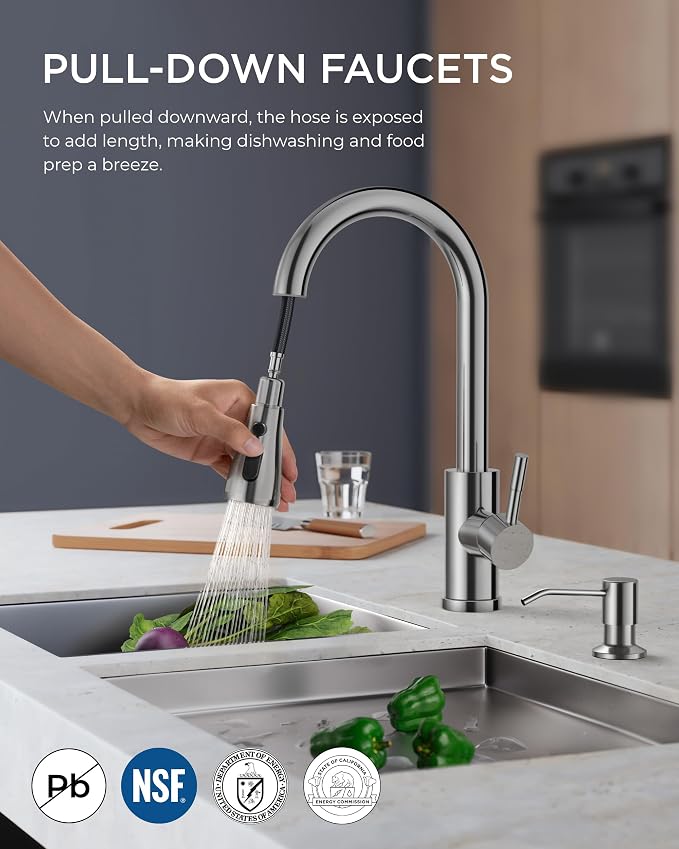 FORIOUS Kitchen Faucet with Soap Dispenser Chrome, Single Handle Stainless Steel Transitional Sink Faucet with Pull Down Sprayer 1 or 3 Hole, Suitable for Farmhouse Laundry Camper RV Bar