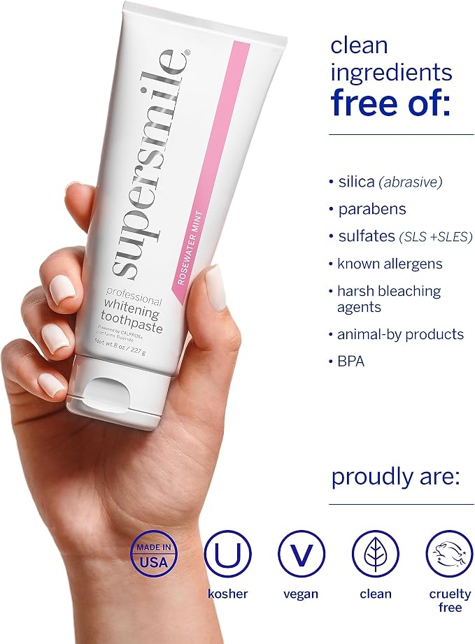 Supersmile Rosewater Mint Whitening Toothpaste, with Fluoride, 8 Oz | Whitens 3 Shades After 1 Day, Moroccan Rosewater + Spearmint Flavor, Veneer Safe, RDA 65, Cavity Protection