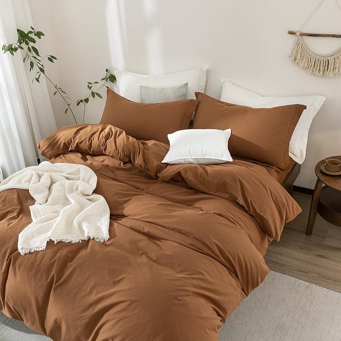 100% Washed Cotton Dark Orange Duvet Cover Super Queen Size Bedding Set Cover 1 Duvet Cover with Zipper Closure and 2 Pillowcases, 98inch x 90inch