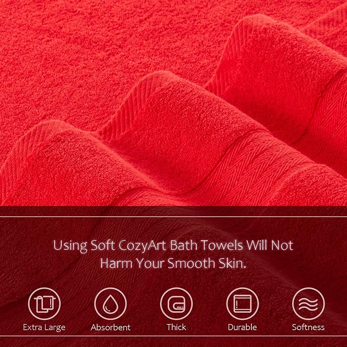 COZYART Luxury Hand Towels 4 PCS, Red 100% Turkish Cotton 650 GSM | OEKO-Tex 100 Certified Zero Twist Ring Spun, Soft Absorbent Quick Dry, Plush Fluffy, Breathable Hotel Quality for Daily Use