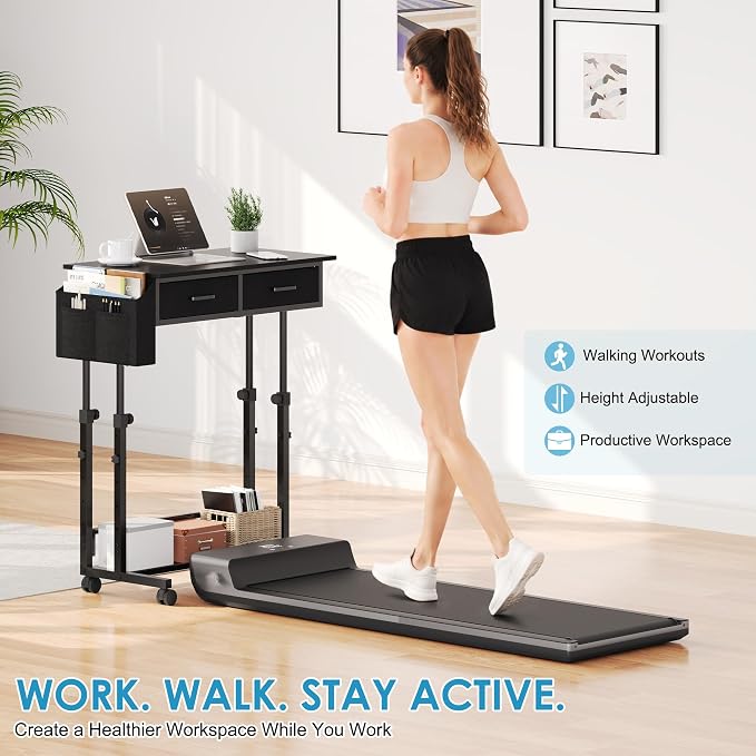 Small Standing Desk with Storage, Height Adjustable Sit Stand Desk with Drawers, Mobile Office Desk with Wheels and Side Pocket, Adjustable Laptop Workstation for Home Office
