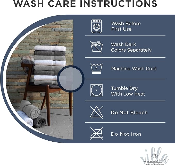 Villa Celestia 24-Piece 100% Cotton Towel Set, 6 Bath Towels, 6 Hand Towels, 12 Wash Cloth, Quick-Dry, Navy Blue