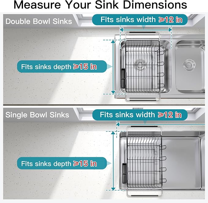 JASIWAY Black Dish Drying Rack in Sink, Dish Drainer with Utensil Holder | Over The Sink Expandable Stainless Steel Strainer Dryer Rack for Small Kitchen, Counter Space Saving, Fast Drain, Rustproof