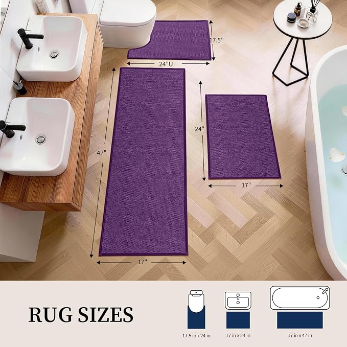 YIHOUSE Purple Bathroom Rugs Sets 3 Piece, Quick Dry Thin Bath Mat with Toilet Rug, Non Slip Absorbent Machine Washable, Bath Runner Rugs for Bathtub Sink Home Decor
