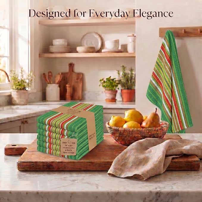 Urban Villa Kitchen Towels Waffle Stripes Dish Towels for Kitchen Leaf Green Set of 6 Kitchen Towels Highly Absorbent Cotton Over Sized 20X30 in with Mitered Corners Kitchen Hand Tea Towels