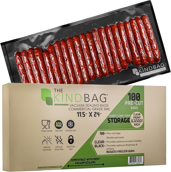 The Kind Bag Vacuum Seal Bags for Food Storage, 11.5x24 Inch 100 Pack, Pre-Cut 5mil Commercial Grade, Black Back Clear Front, BPA Free, Airtight and Freezer Safe, Prevents Freezer Burn
