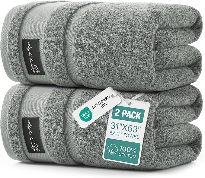 REDKISS Large Bath Towels Set 2 Piece, 100% Cotton, 31x63 in,Heavyweight 760GSM, Highly Absorbent & Quick Dry, Super Soft Luxury Bath Towel for Bathroom,Hotel Collection - Gray
